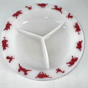 Hazel Atlas Milk Glass Baby Childs Divided Bowl Plate Red Animals Vtg USA MCM